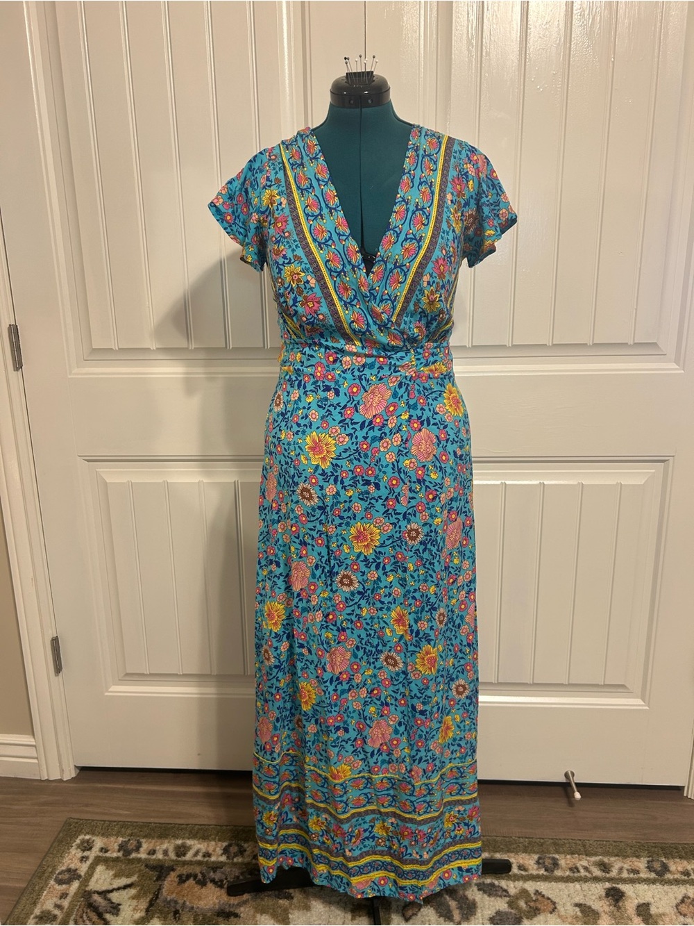 Turquoise Floral Maxi Dress with V-Neck Wrap